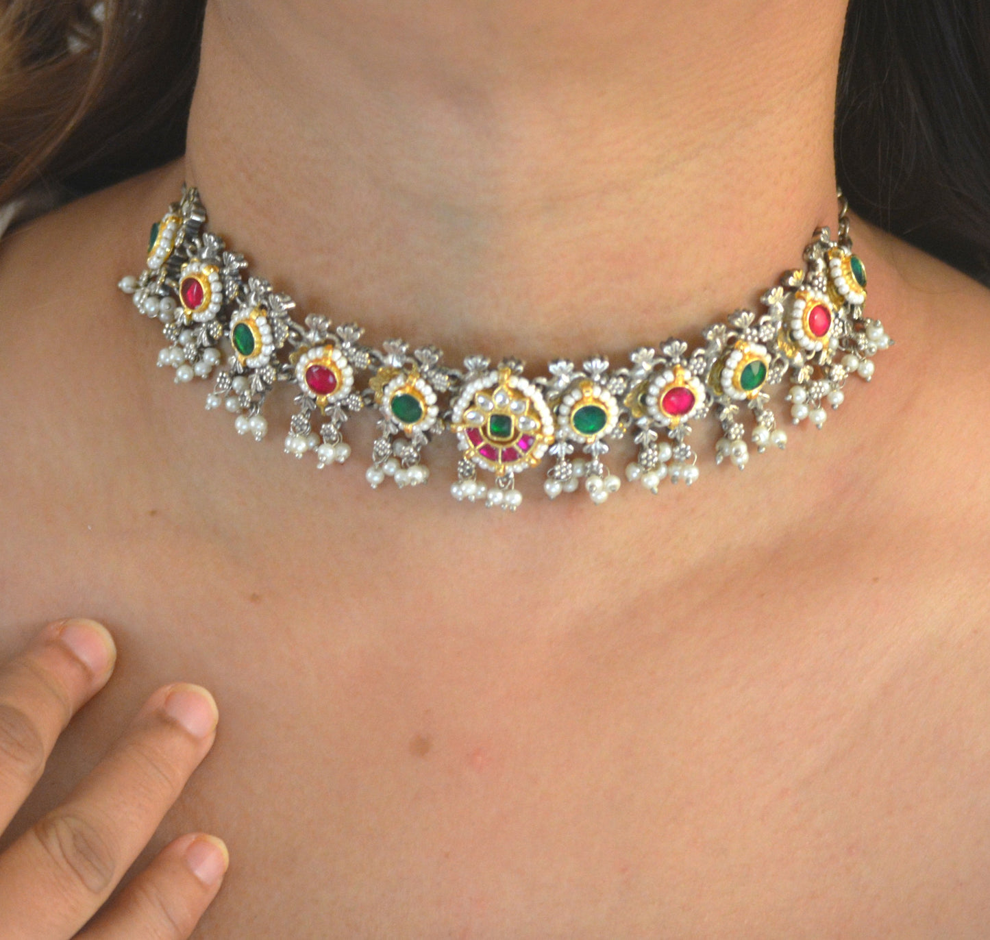 Raksha Pachi Kundan  Brass Choker Necklace Set