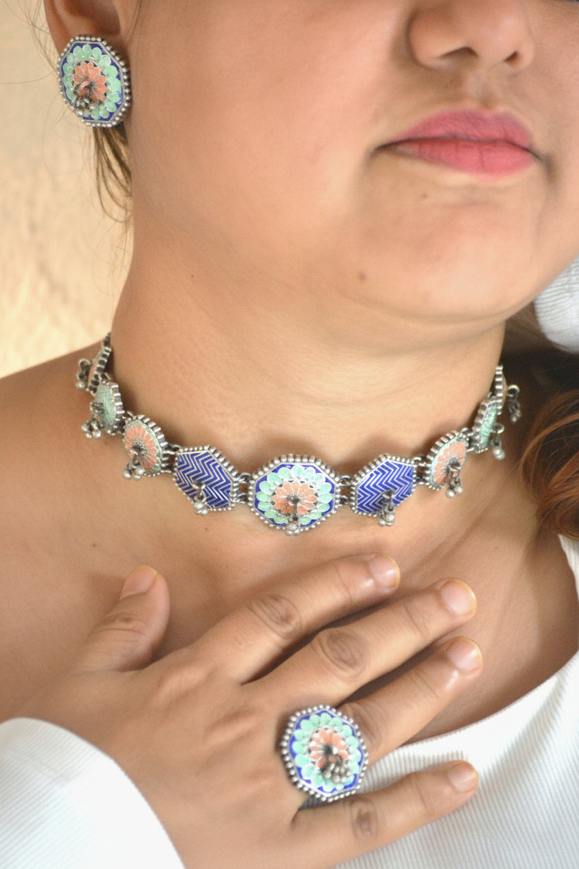 Sunisha handpainted choker set with earrings and ring