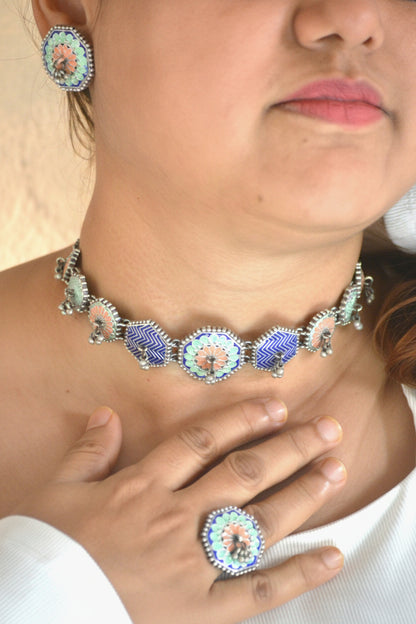 Sunisha handpainted choker set with earrings and ring