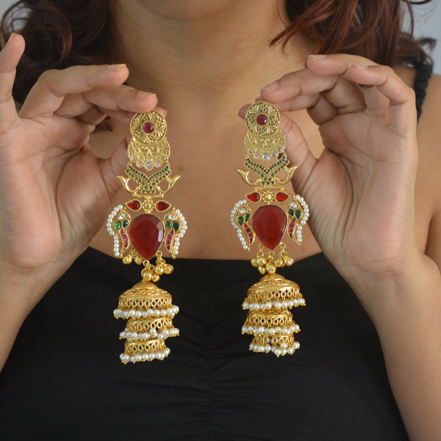 Sunita Kashmiri Long Kundan Heavy Earrings