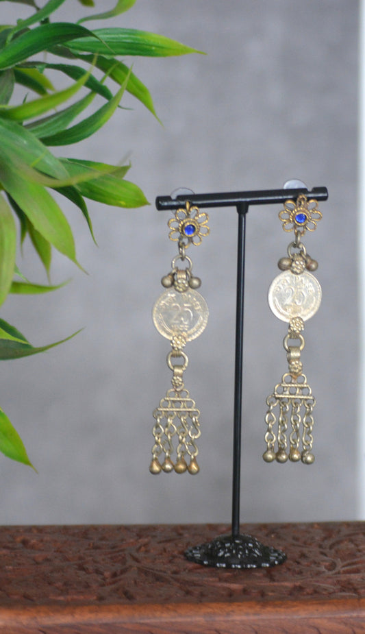 Bahar Long Lightweight Afghani Earrings Gold & Silver Tone