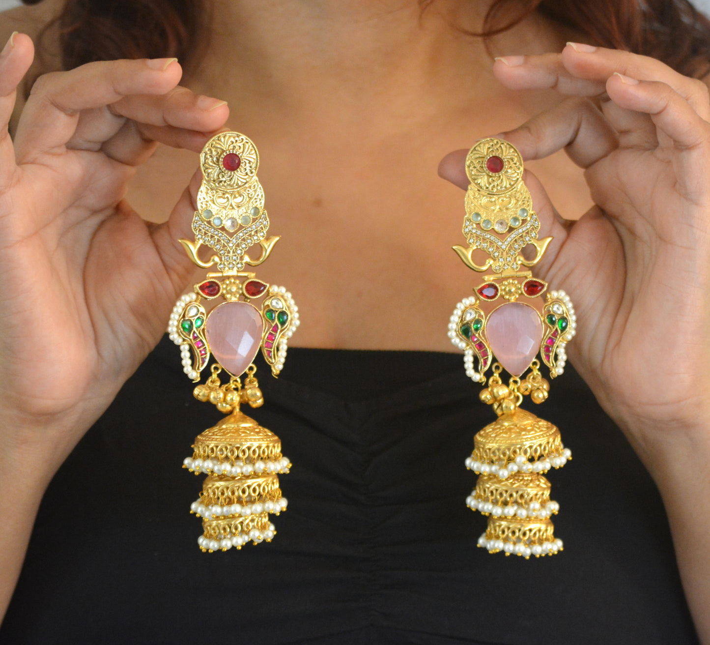 Sunita Kashmiri Long Kundan Heavy Earrings