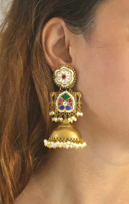 Designer Kundan Brass Gold Finish Heavy Jhumka