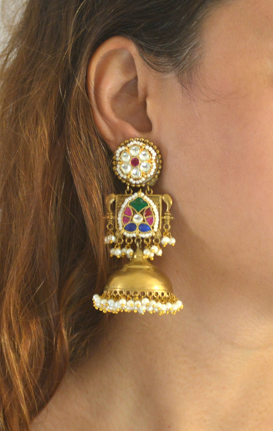 Designer Kundan Brass Gold Finish Heavy Jhumka