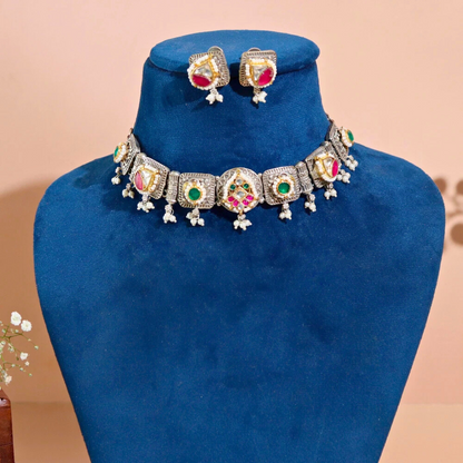 Soumya Designer Pachi Kundan Brass Necklace Set with stud Earrings