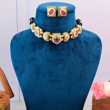 Muhika Designer Pachi Kundan Necklace Set with Stud Earrings