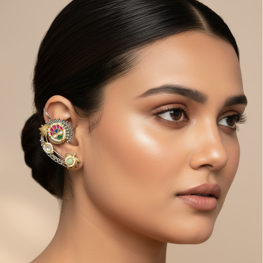 Woman wearing a decorative earring on a beige background
