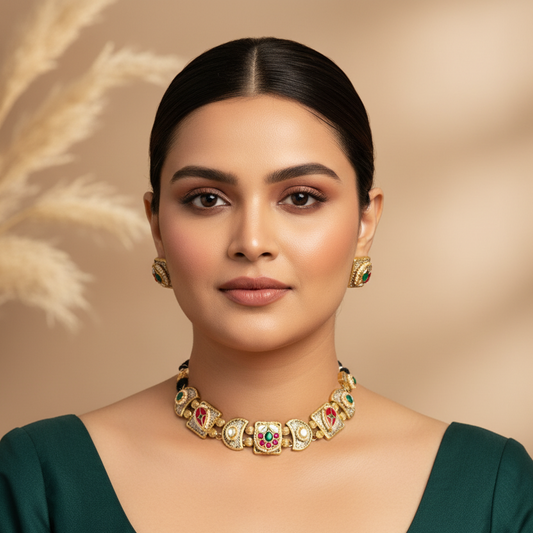 Muhika Designer Pachi Kundan Necklace Set with Stud Earrings