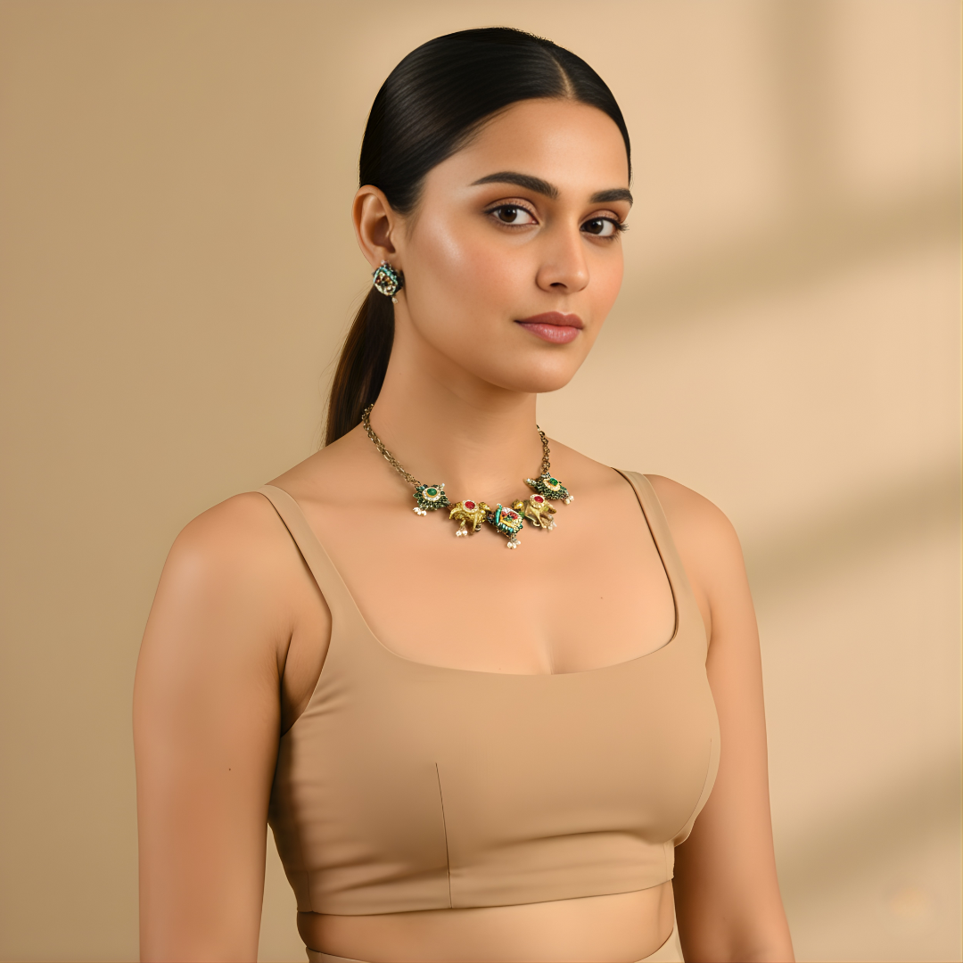 Pachi Kundan Brass Sleek Nandi dual tone Necklace Set with Earrings- Green Stones