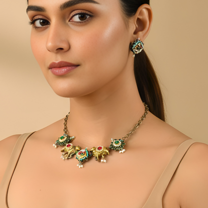 Pachi Kundan Brass Sleek Nandi dual tone Necklace Set with Earrings- Green Stones
