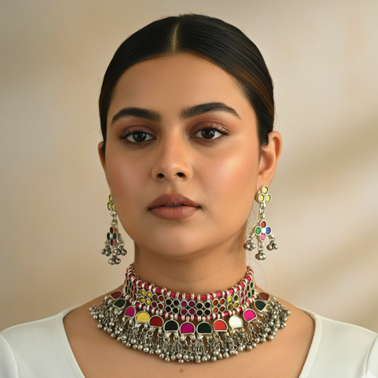 Simara Multicoloured Glass Necklace Set with Earrings