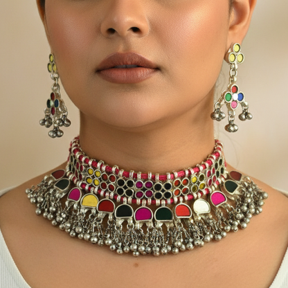 Simara Multicoloured Glass Necklace Set with Earrings
