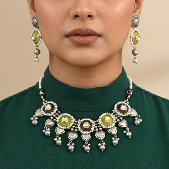 Soma Stone and Brass Designer Necklace Set with earrings