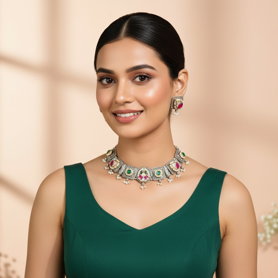 Soumya Designer Pachi Kundan Brass Necklace Set with stud Earrings