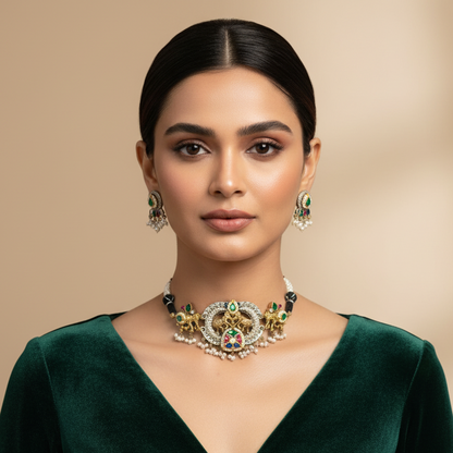 Suranya Pachi Kundan Necklace Set With Earrings