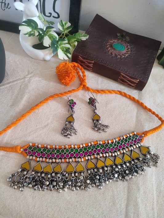 Sumedha yellow green and pink glass choker necklace set