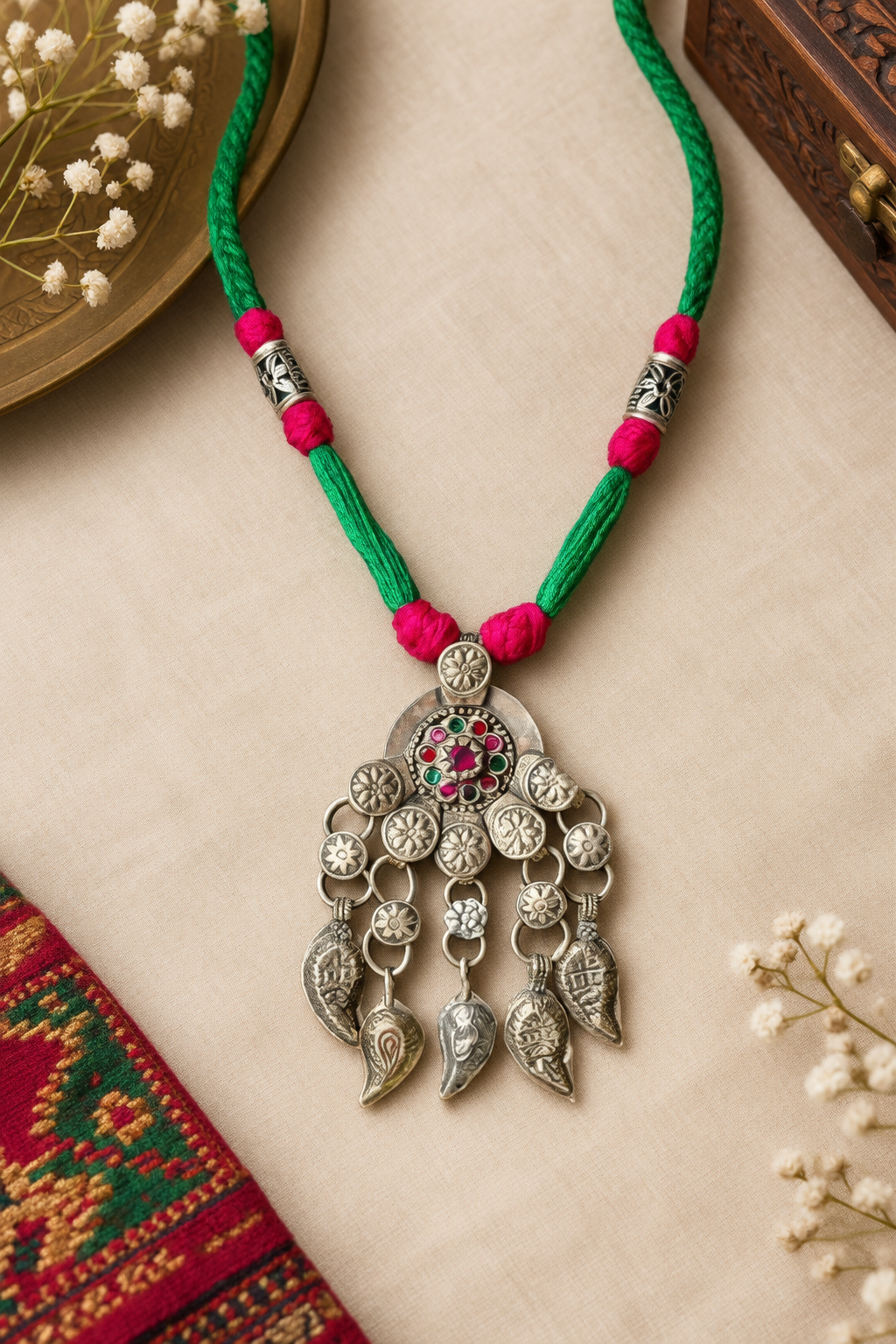 Nusrat Afghani pendant thread necklace