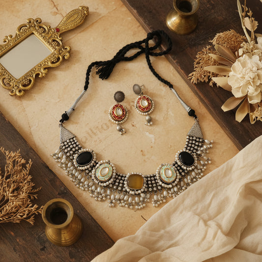 Priya Stone work brass necklace set