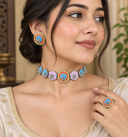 Sunisha handpainted choker necklace with set of earrings and ring
