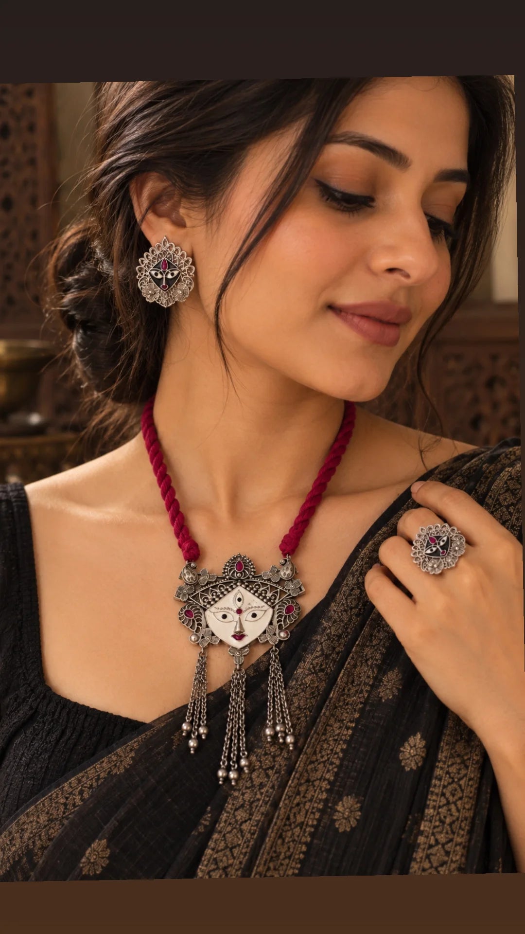 Goddess Pendant Necklace set with ring and stud earrings